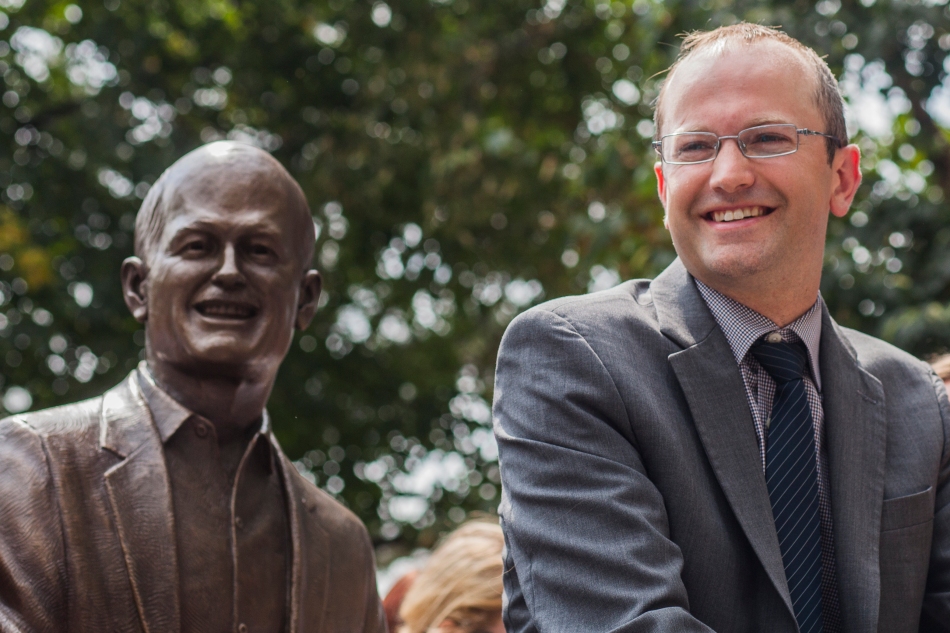 Ward 19 Councillor and Jack's son Michael Layton smiles after the unveiling of a statute of his late father Jack Layton at the Toronto Island ferry terminal, now renamed the Jack Layton ferry terminal in his honour on Thursday. (August 22, 2013)