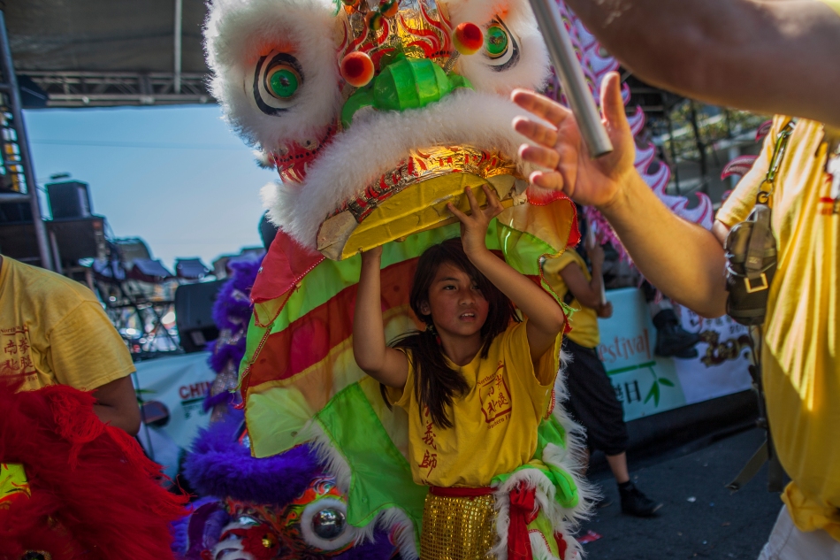 A young girl peaks out from under a Chinese dragon costume at the opening of the Toronto Chinatown Festival on Saturday. (August 24, 2013)