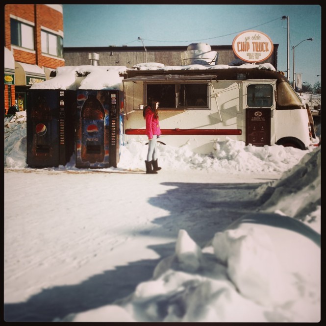 Chip stand. in the middle of winter.  I've always associated chip trucks with northern Ontario, mostly because of memories I have from my Grandparents' cottage on Manitoulin Island. I loved that he was open in the dead of winter.