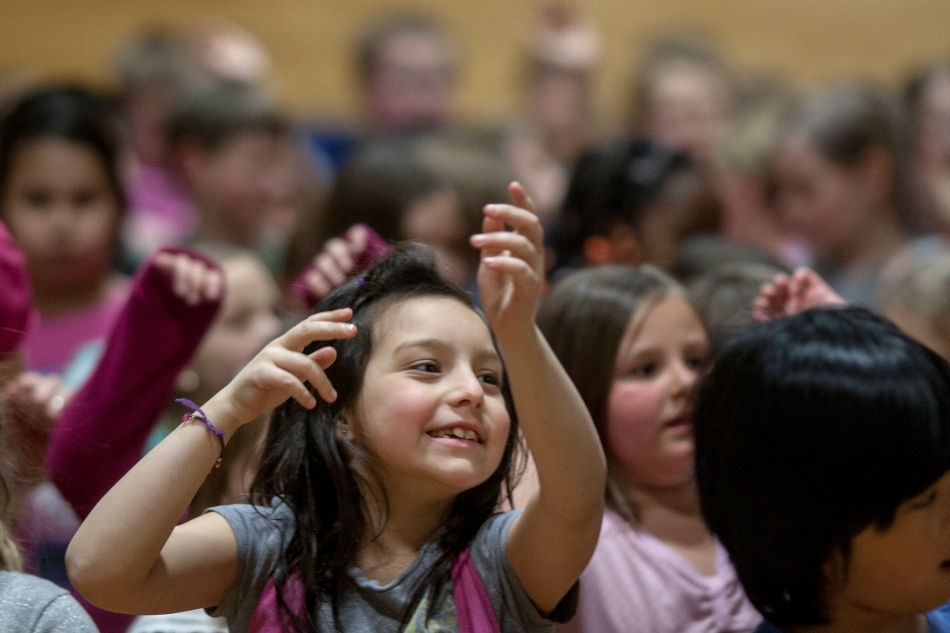 Sheaya Himer, grade one, dances during Good Shepard School's Pink Day Assembly on February 26, 2014 at Good Shepard School in Peace River, Alberta.  Students celebrated anti-discrimination and anti-bullying by wearing pink.  ADAM DIETRICH/RECORD-GAZETTE/QMI AGENCY