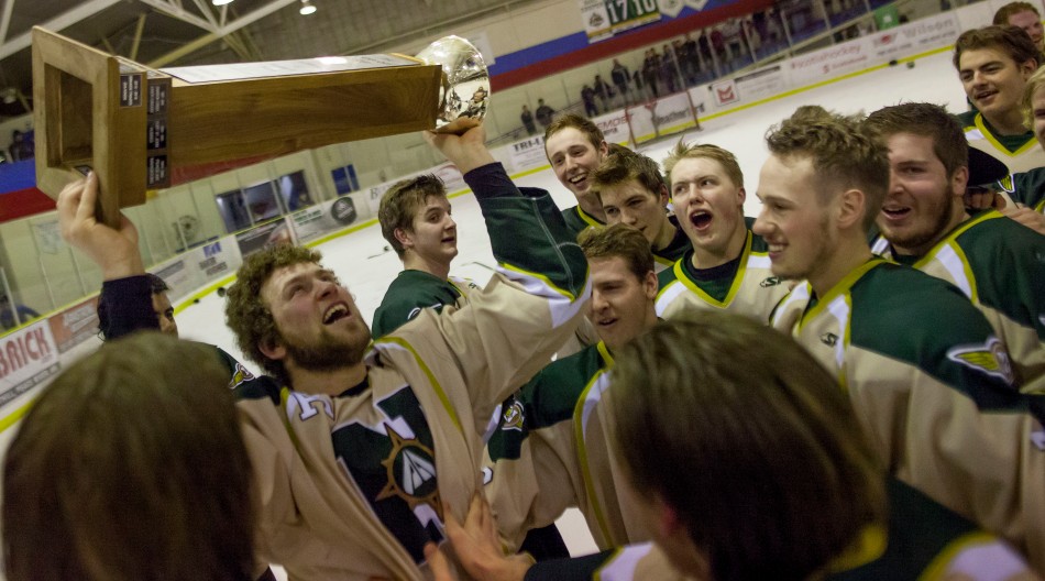 North Peace Navigators defence Joseph Doerksen celebrates with team mates after they defeated the Grande Prairie JDA Kings 3-2 in overtime in the NWJHL championship game at Baytex Energy Centre in Peace River Alberta on Saturday March 22, 2014. ADAM DIETRICH/RECORD-GAZETTE/QMI AGENCY